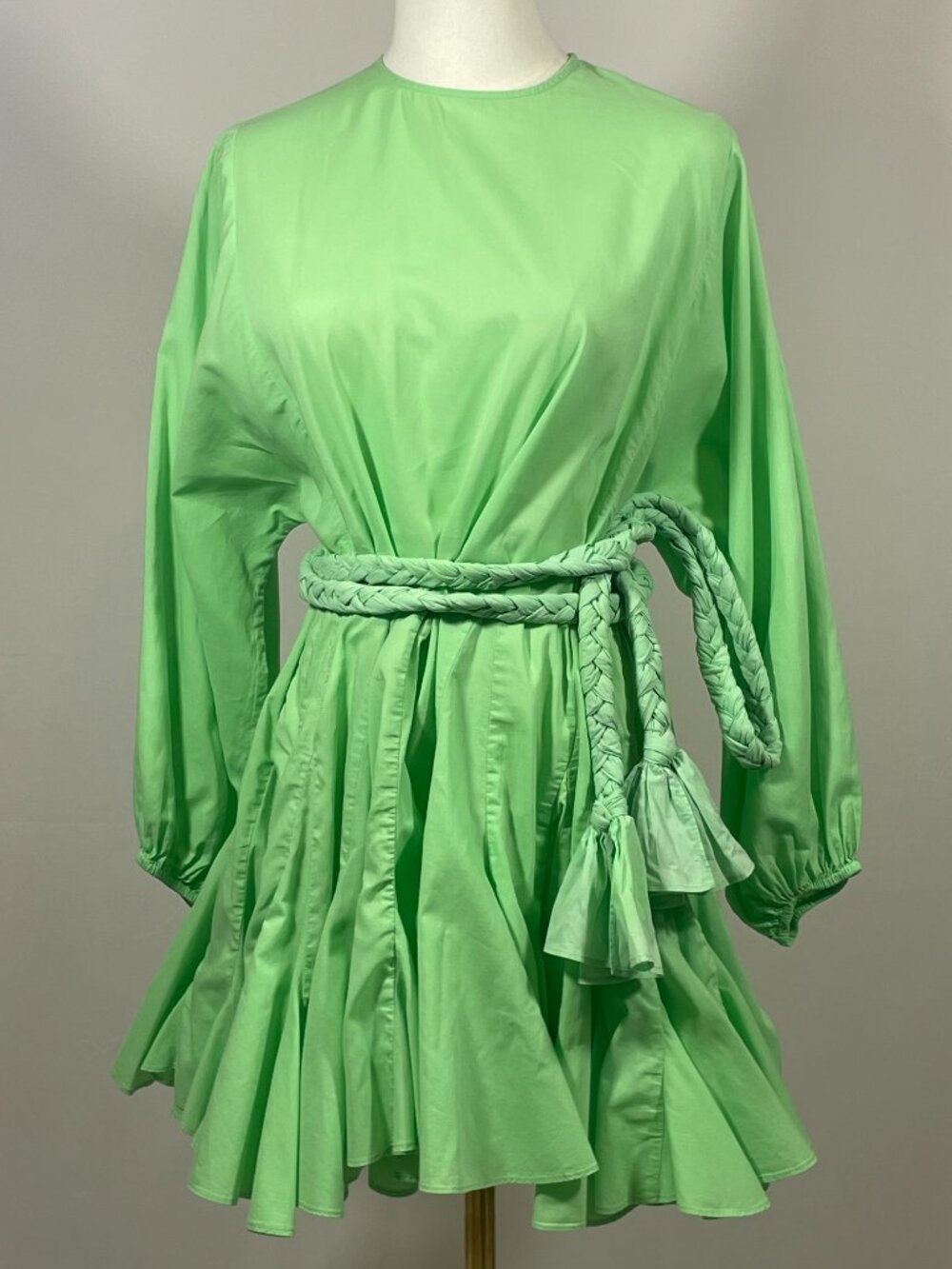 RHODE Ella Solid Cotton-Poplin Flounced Mini Tunic Dress in Bright Green Size XS